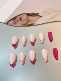 【KOKONENE 手作り×ネイル】アーモンド ダブル フレンチ ハンドペイント アート ネイル チップ